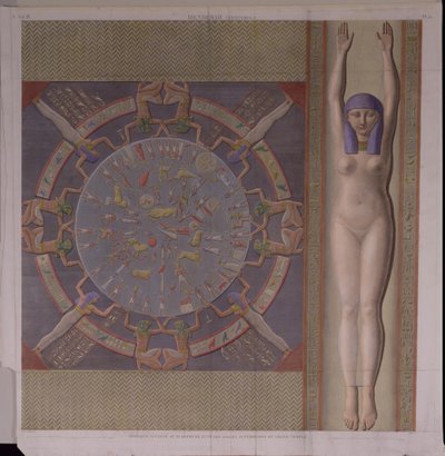 Zodiákus mennyezet a denderah-i Grand Temple-ből, az "Egyiptom leírásai"-ból, Allais metszet, 1826 körül (kézzel színezett metszet) alkotó: Jollois and Devilliers